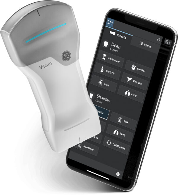mobiles Farbdoppler Ultraschallgerät Vsacn Air CL mit Handy und Darstellung verfügbarer Presets